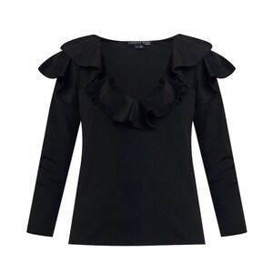 Veronica Beard Strata Ruffle V Neck Ribbed Top M Parisian French Girl Romantic